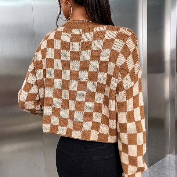 Preppy Checkered Pattern Drop Shoulder Sweater Brown - Picture 3 of 5